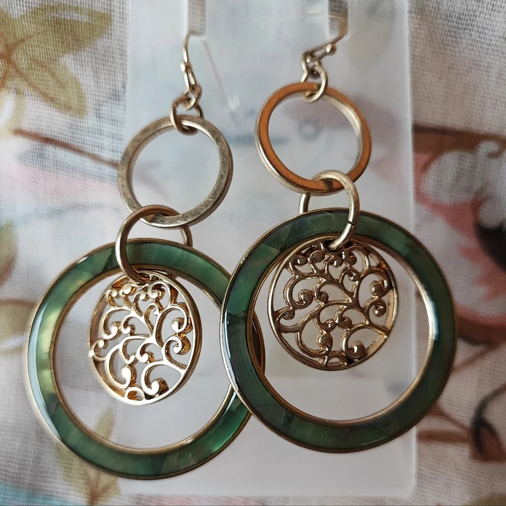 Lia Sophia Green Faux Abalone Brass Tone Pierced Earrings NOC LS Tree of Life